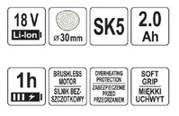 SEKATOR AKUMULATOROWY + AKUMULATOR 2Ah 18V + ŁADOWARKA 30mm 18V YATO YT-828377