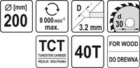 TARCZA DO CIĘCIA DREWNA 200/40T 30MM WIDIOWA YATO YT-60652