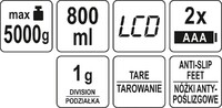 ELEKTRONICZNA WAGA KUCHENNA Z MISĄ 800ml 5kg 1g LUND 68361