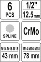 NASADKI UDAROWE KLUCZE TRZPIENIOWE SPLINE M14-M16 1/2'' 6 SZT. KPL. YATO YT-10652