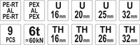 PRASKA ZACISKARKA HYDRAULICZNA DO RUR PEX-AL.-PEX  PERT-AL-PERT MATRYCE TH 16/20/26/32 U 16/20/25/32 YATO YT-21735 + FAZOWNIK KALIBRATOR Z GRATOWNIKIEM DO RUR PEX-AL-PEX 16/20/25MM YATO YT-22373