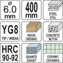 WIERTŁO UNIWERSALNE DO BETONU DREWNA METALU długie 6mm 400mm YATO YT-43960