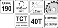 TARCZA DO CIĘCIA DREWNA 190/40T 30MM WIDIOWA YATO YT-60489