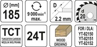 TARCZA DO CIĘCIA DREWNA 185/24T 20MM YATO YT-60621 WIDIOWA