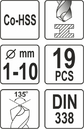 ZESTAW WIERTEŁ KOBALTOWYCH WIERTŁA DO METALU CO-HSS 1-10mm 19szt. YATO YT-41604