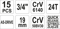 ZESTAW NARZĘDZIOWY KLUCZY NASADOWYCH 3/4'' 15szt. YATO YT-1334