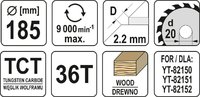 TARCZA DO CIĘCIA DREWNA 185/36T 20MM YATO YT-60622 WIDIOWA