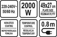 GRILL STOŁOWY ELEKTRYCZNY 2000W 49X27CM LUND 67453