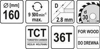 TARCZA DO CIĘCIA DREWNA 160/36T 30MM WIDIOWA YATO YT-6057