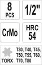 NASADKI UDAROWE KLUCZE TRZPIENIOWE TORX T30-T80 1/2'' 8 SZT. KPL. YATO YT-1065