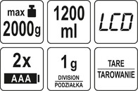 ELEKTRONICZNA WAGA KUCHENNA DZBANEK Z POJEMNIKIEM MIARĄ 2kg 1200ml 1g LUND 68364