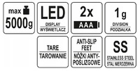 ELEKTRONICZNA WAGA KUCHENNA STAL NIERDZEWNA LCD 5kg 27x 25 x1,8cm LUND 68363