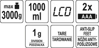 ELEKTRONICZNA WAGA KUCHENNA Z MISĄ LCD 3kg 1000ml 1g LUND 68360