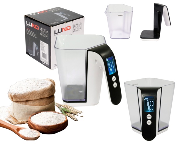 ELEKTRONICZNA WAGA KUCHENNA DZBANEK Z POJEMNIKIEM MIARĄ 2kg 1200ml 1g LUND 68364