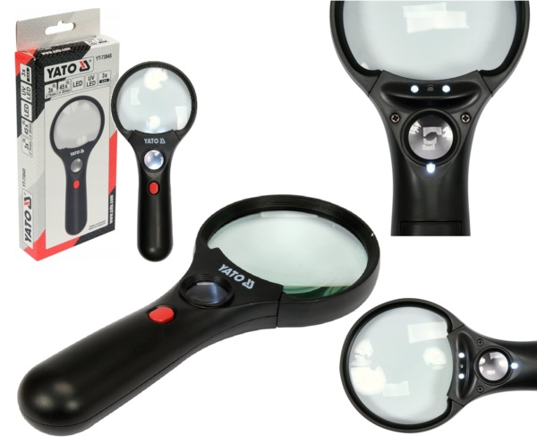 LUPA SZKŁO POWIĘKSZAJĄCE DWIE SOCZEWKI 3,5X/45X Z PODŚWIETLENIEM LED 3x AAA YATO YT-73845