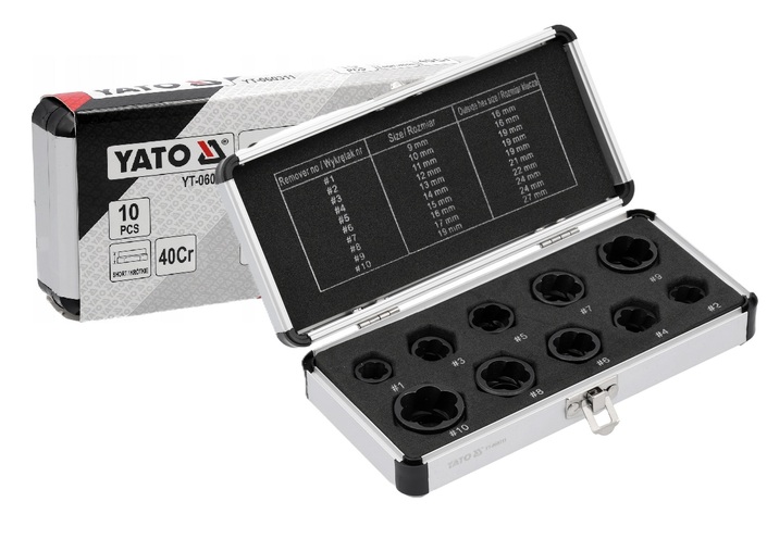 NASADKI WYKRĘTAKI KRÓTKIE DO USZKODZONYCH OBROBIONYCH ŚRUB NAKRĘTEK 3/8'' 9-19 mm KPL. 10 SZT. YATO YT-060311