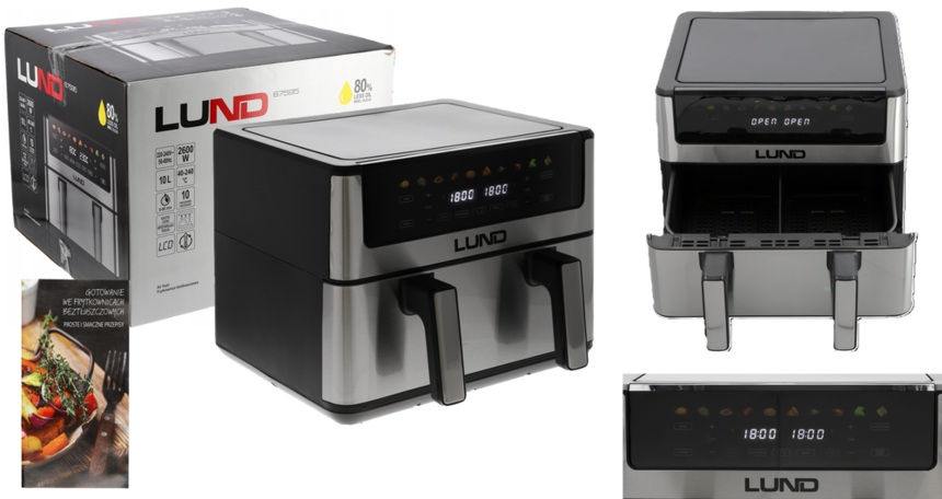 FRYTKOWNICA BEZTŁUSZCZOWA AIR FRYER DWUKOMOROWA PODWÓJNA DO SMAŻENIA PIECZENIA 2600W 10L LUND 67595