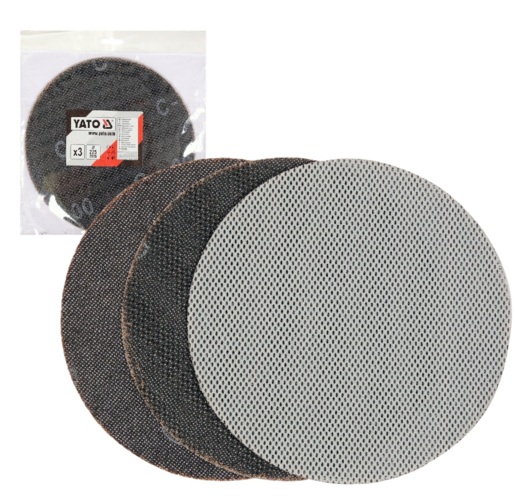  KRĄŻEK KRĄŻKI Z SIATKI ŚCIERNEJ Z RZEPEM SIATKA ŚCIERNA DO TYNKÓW GŁADZI GIPSÓW DO SZLIFIERKI 225mm kpl. 3szt. P220 YATO YT-845863