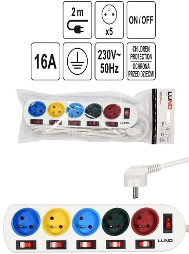 PRZEDŁUŻACZ LISTWA PRĄDOWA 5 GNIAZDEK Z UZIEMIENIEM KAŻDE Z INDYWIDUALNYM WŁĄCZNIKIEM LUND 72460 