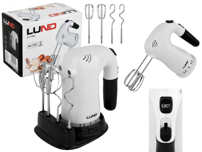 MIKSER ROBOT RĘCZNY KUCHENNYZ PODSTAWKĄ 4 KOŃCÓWKI 5 PRĘDKOŚCI 150-200W LUND 67780