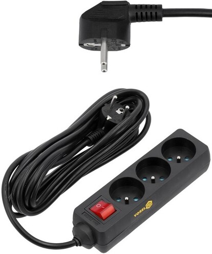 PRZEDŁUŻACZ ELEKTRYCZNY, BLACK, 3 GNIAZDA Z UZIEMIENIEM, 5M Z WYŁĄCZNIKIEM VOREL 72627