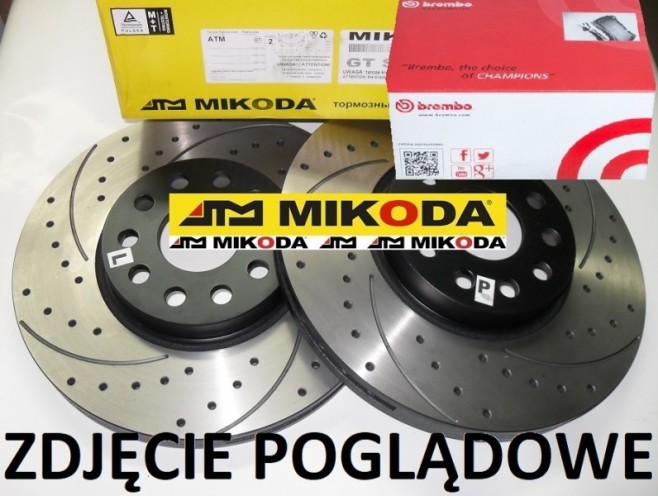 Tarcze hamulcowe wentylowane MIKODA 0358 GT malowane, nacinane, wiercone, kolor: czarny + KLOCKI BREMBO P24150 - FIAT PANDA (169_) 500 (312_) 500 C (312_) FORD KA (RU8) - OŚ PRZEDNIA