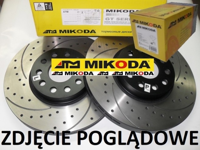 Tarcze hamulcowe pełne MIKODA 2267 GT malowane, nacinane, wiercone, kolor: czarny + KLOCKI MIKODA 72239 - TOYOTA AVENSIS (_T25_) AVENSIS Kombi (_T25_) AVENSIS Sedan (_T25_) - OŚ TYLNA