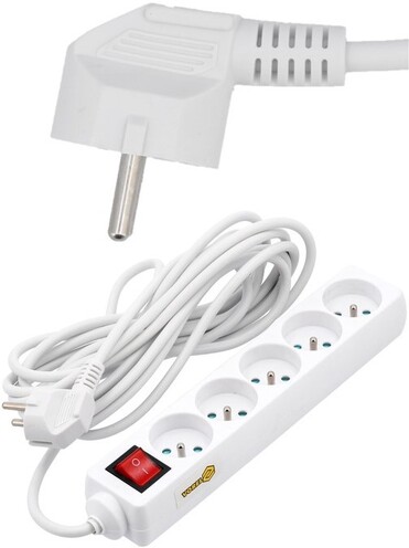 PRZEDŁUŻACZ ELEKTRYCZNY, BIAŁY, 5 GNIAZD Z UZIEMIENIEM, 5M Z WYŁĄCZNIKIEM VOREL 72534 