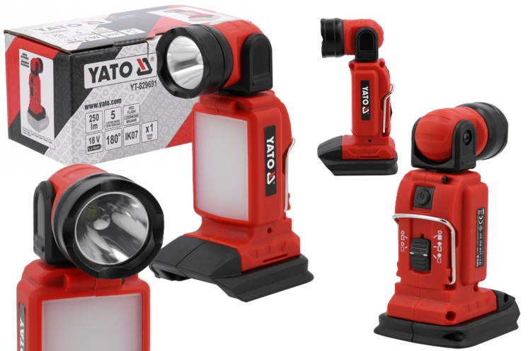 LATARKA LAMPKA AKUMULATOROWA LED SAM KORPUS (BODY) Z RUCHOMĄ GŁOWICĄ  2w1 18V 2,5W 250lm YATO YT-829691