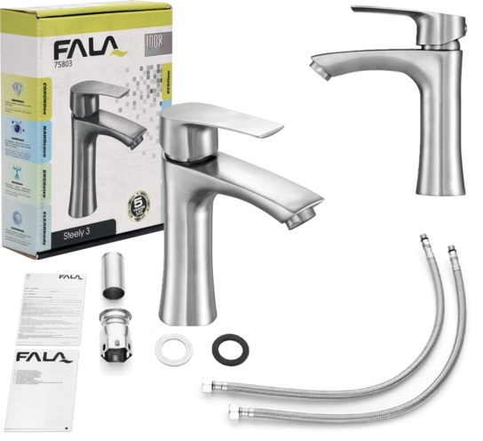 BATERIA UMYWALKOWA STOJĄCA KRAN STEELY 3 SREBRNA INOX FALA 75803
