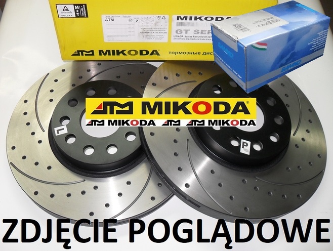 Tarcze hamulcowe pełne MIKODA 4303 GT malowane, nacinane, wiercone, kolor: czarny + KLOCKI SAMKO 5SP1951 - FIAT TIPO Sedan (356_) TIPO Hatchback (356_) TIPO Kombi (356_) - OŚ TYLNA