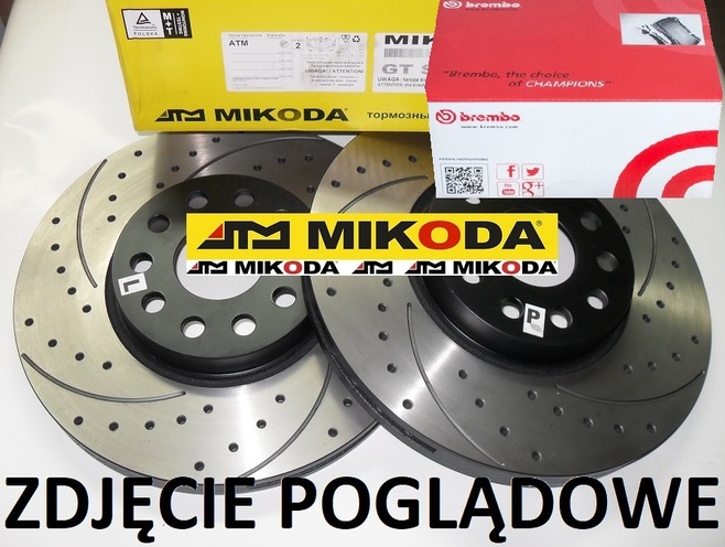 Tarcze hamulcowe wentylowane MIKODA 0353 GT malowane, nacinane, wiercone, kolor: czarny + KLOCKI BREMBO P59083 - OPEL ADAM CORSA E CORSA E Van - OŚ PRZEDNIA