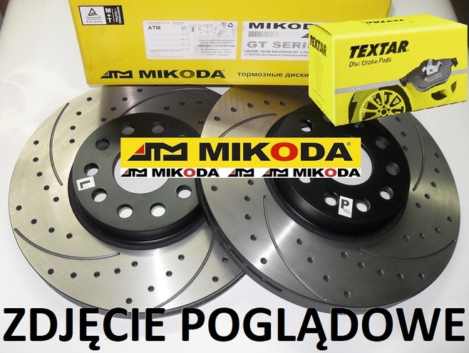 Tarcze hamulcowe wentylowane MIKODA 0358 GT malowane, nacinane, wiercone, kolor: czarny + KLOCKI TEXTAR 2476401 - FIAT PANDA (169_) 500 (312_) 500 C (312_) FORD KA (RU8) - OŚ PRZEDNIA