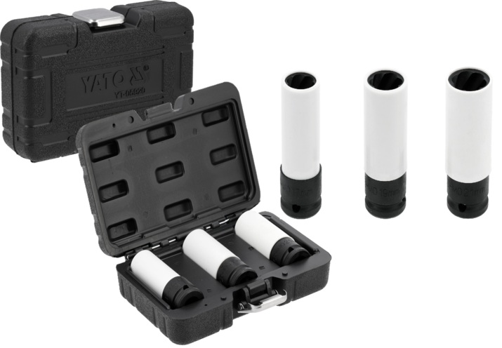 WYKRĘTAKI NASADKI DO USZKODZONYCH OBROBIONYCH ŚRUB DO FELG ALUMINIOWYCH 1/2'' 17mm 19mm 21mm YATO YT-05920