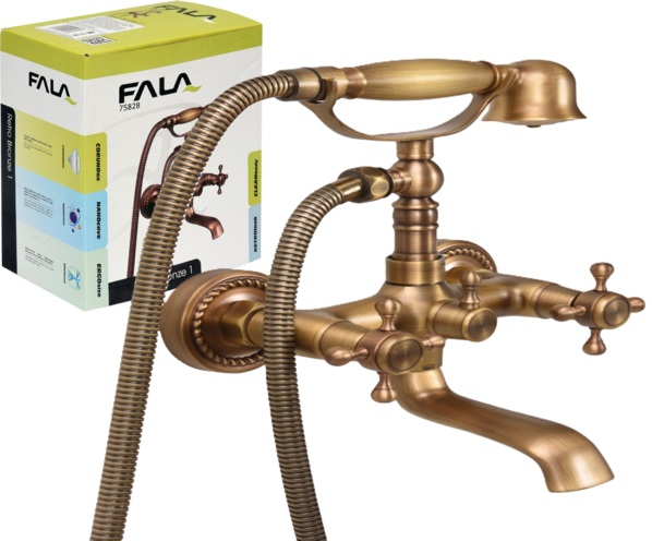 BATERIA WANNOWA ŚCIENNA KRAN RETRO BRONZE 1 ANTYCZNE ZŁOTO MOSIĄDZ FALA 75828