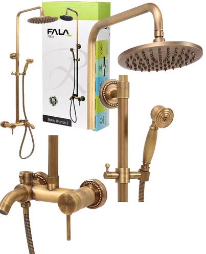 KOLUMNA PRYSZNICOWA DESZCZOWNICA Z BATERIĄ RETRO BRONZE 2 MOSIĄDZ FALA 75838
