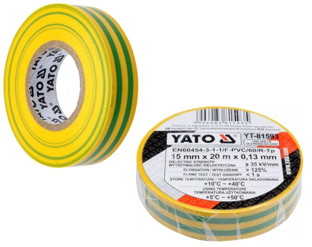 TAŚMA IZOLACYJNA ELEKTROIZOLACYJNA 15mm x 20m ŻÓŁTO-ZIELONA YATO YT-81593