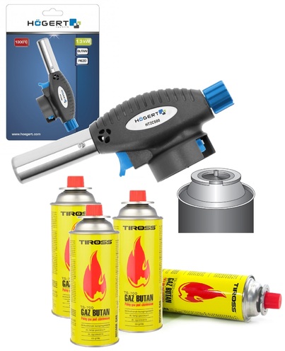 PALNIK GAZOWY LUTLAMPA LUTOWNICA DO LUTOWANIA Z PIEZO 360º HOGERT HT2C500 + 4x KARTUSZ GAZ 400ml/227g TIROSS TS-700