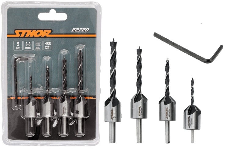 WIERTŁA DO DREWNA Z POGŁĘBIACZEM HSS 3-6mm NAWIERTAKI 5 el. STHOR 22720