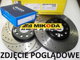 Tarcza hamulcowa wentylowana MIKODA 0285 GT malowana, nacinana, wiercona, kolor: czarny + KLOCKI CERAMICZNE QUARO QP1641C - VW MULTIVAN V TRANSPORTER V T5 - OŚ PRZEDNIA