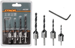 WIERTŁA DO DREWNA Z POGŁĘBIACZEM HSS 3-6mm NAWIERTAKI 5 el. STHOR 22720